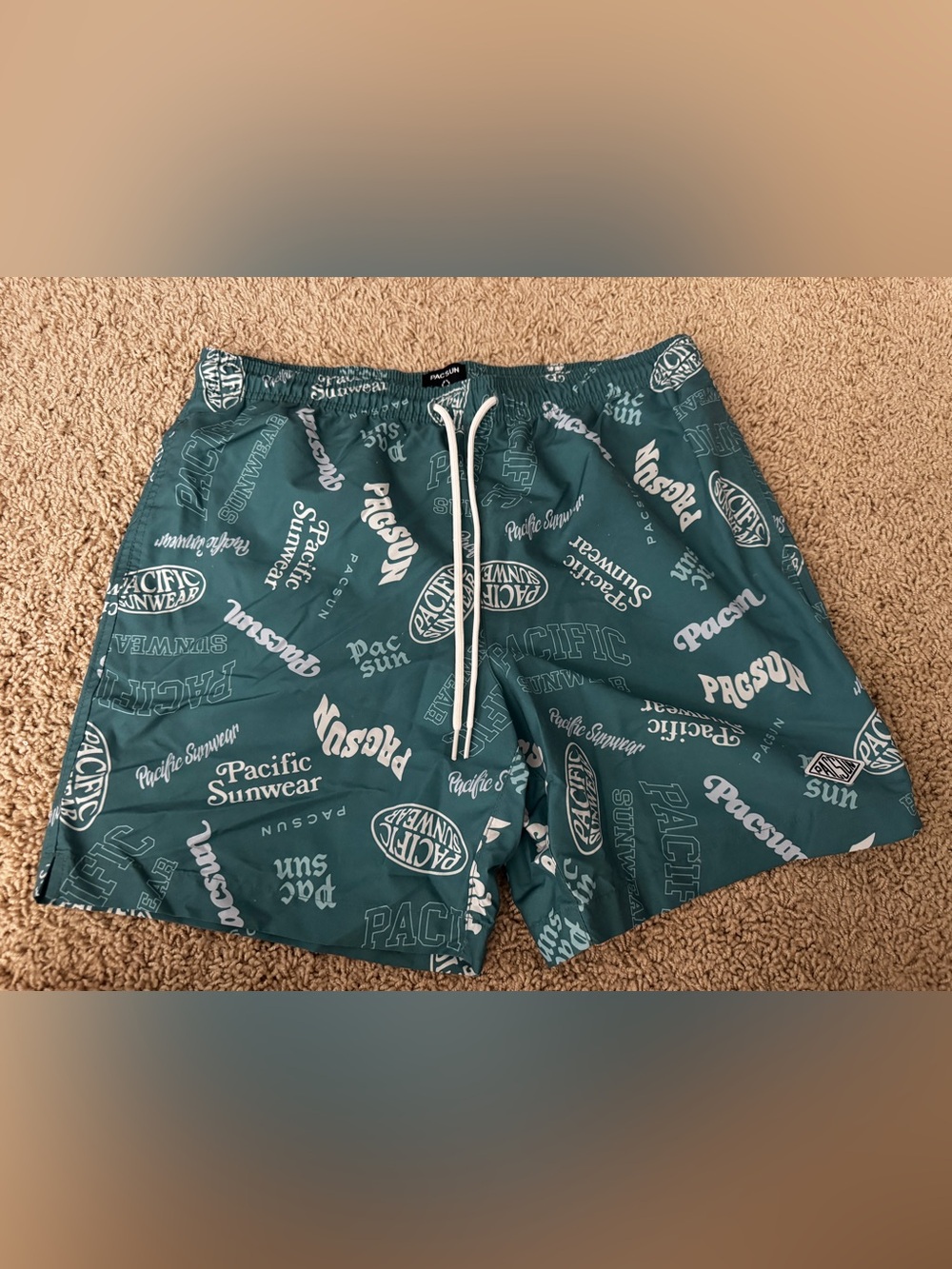 PacSun Teal Swim Trunks with White Logo Print